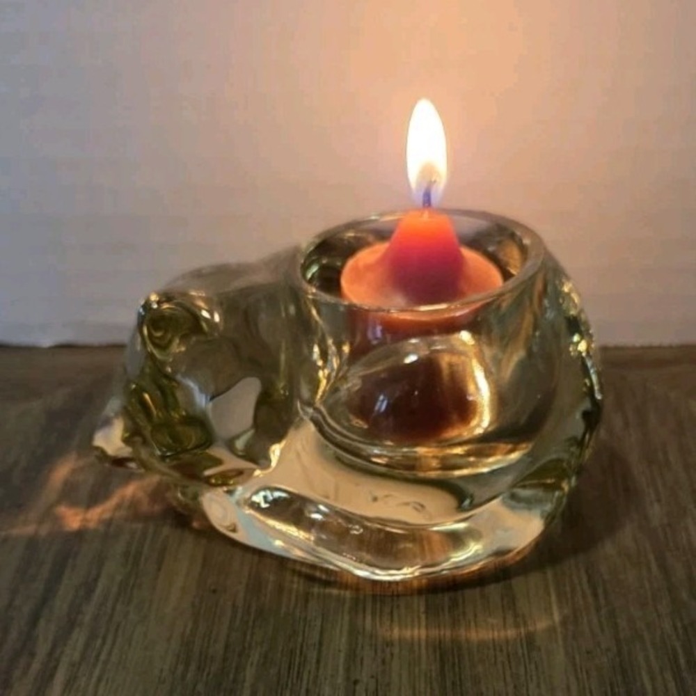 clear glass sleeping cat candle holder, Cottagecore, Farmhouse